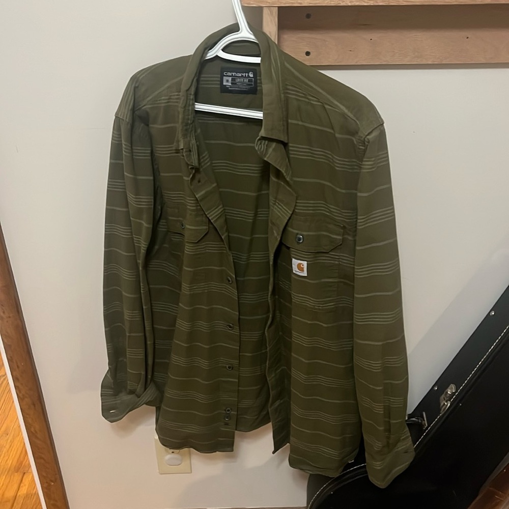 Carhartt button up. Green and grey stripes.